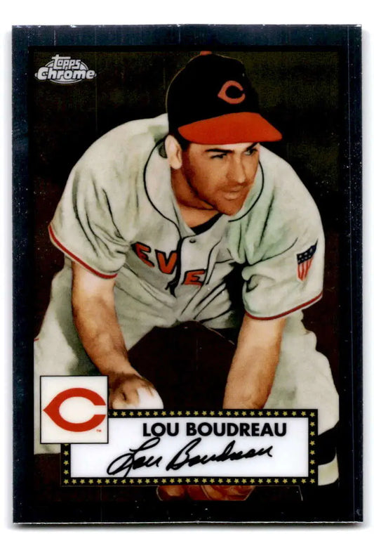Vintage Lou Boudreau Cleveland Indians baseball card from 2021 Topps Chrome Platinum Anniversary