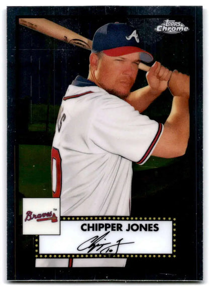 Baseball card of Chipper Jones in batting stance from Topps Chrome Platinum Anniversary