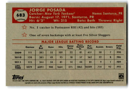 Baseball card featuring Jorge Posada’s stats from 2021 Topps Chrome Platinum Anniversary