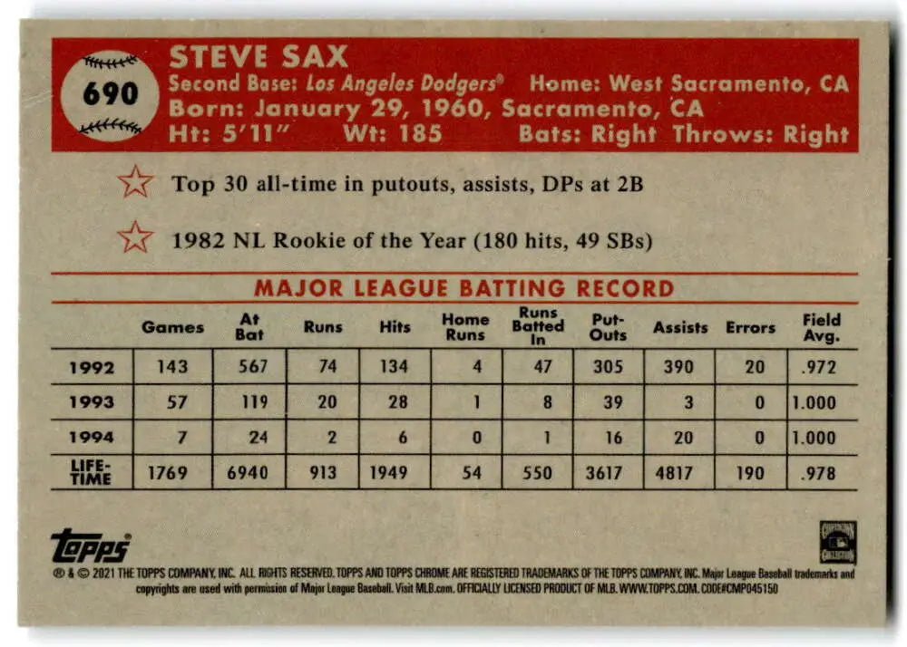 Steve Sax baseball card featuring Major League batting stats 1992-1993 Topps Chrome Platinum