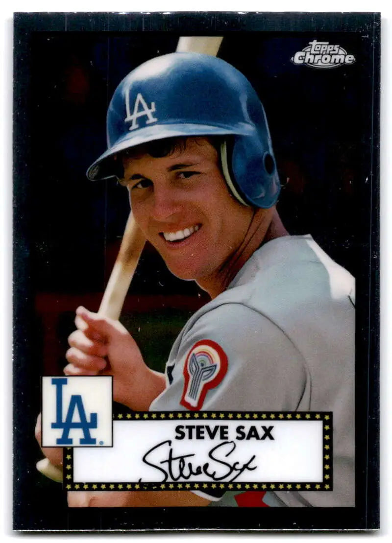 Baseball card of Steve Sax in batting stance from Topps Chrome Platinum Anniversary