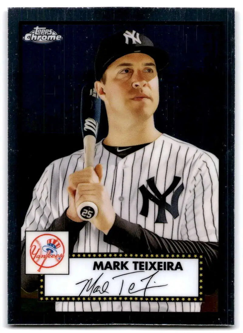 Mark Teixeira in pinstripes on 2021 Topps Chrome Platinum Anniversary baseball card