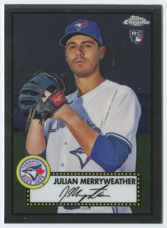 Julian Merryweather Toronto Blue Jays Baseball Card in white uniform with blue cap