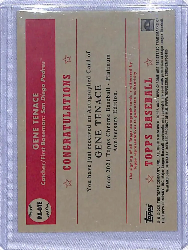 Gene Tenace San Diego Padres redemption insert card with red text from 2021 Topps Chrome