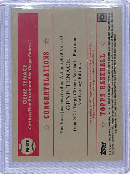 Gene Tenace San Diego Padres redemption insert card with red text from 2021 Topps Chrome