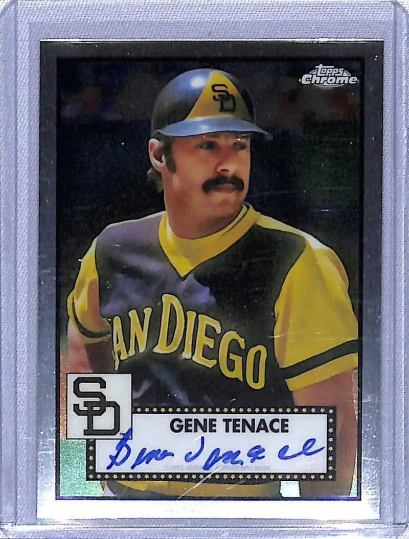Gene Tenace San Diego Padres baseball card in brown and yellow uniform with autograph