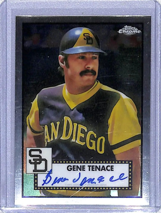 Gene Tenace San Diego Padres baseball card in brown and yellow uniform with autograph
