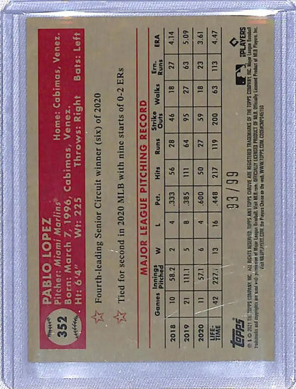 Baseball trading card of Pablo Lopez with red and black stats from Anniversary Refractor