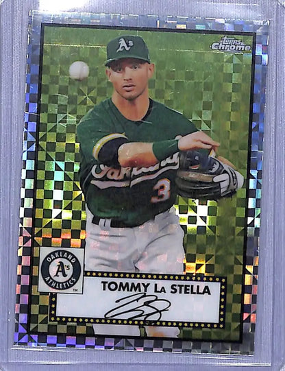Tommy La Stella baseball card 2021 Topps Chrome Platinum Anniversary Refractor Prism