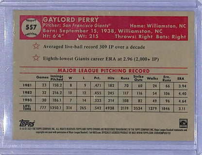 Gaylord Perry baseball card back from 2021 Topps Chrome Platinum Anniversary Refractor Prism