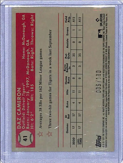 Back of 2021 Topps Chrome Platinum Red Atomic Daz Cameron Rookie Card with stats