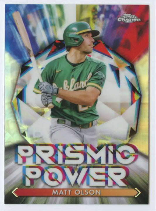 Baseball card of Oakland Athletics Matt Olson in green with Prismic Power design