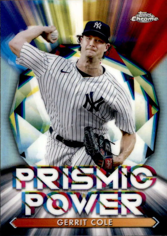 Baseball card of Gerrit Cole in pinstripes with Prismic Power Refractor design
