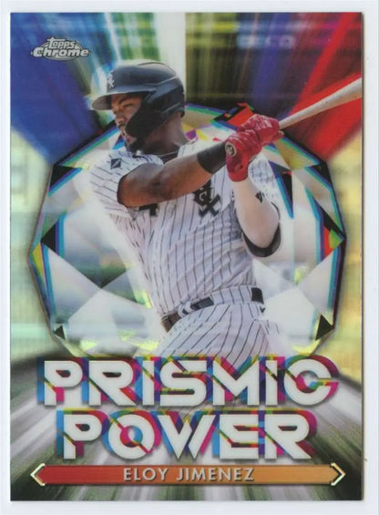 Eloy Jimenez baseball card with Prismic Power design in White Sox pinstripe uniform