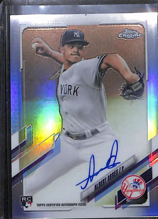 Chrome refractor baseball card of Albert Abreu mid-throw with autograph, rookie auto refractor