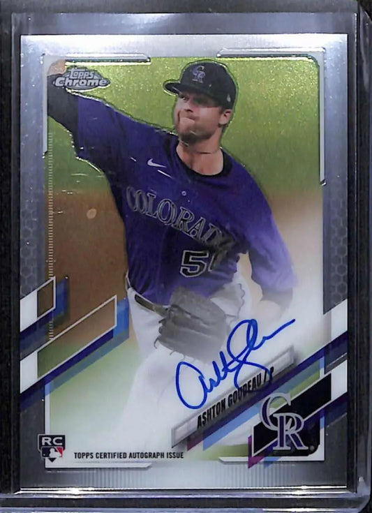 Signed Ashton Goudeau Rookie Topps Chrome baseball card in protective case