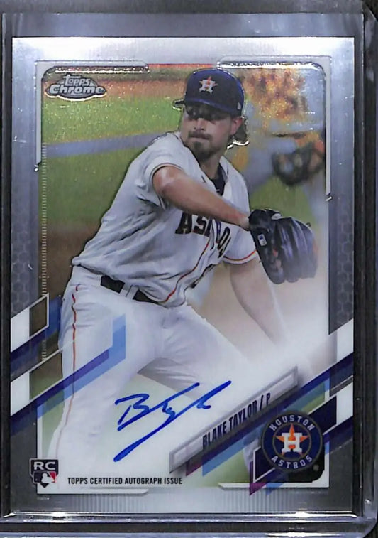 Baseball card of Blake Taylor in gray Astros uniform with autograph