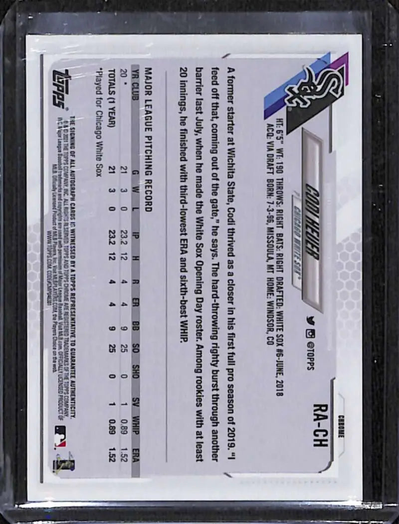 Back of 2021 Topps Chrome Codi Heuer Rookie Auto Baseball Card showing statistics