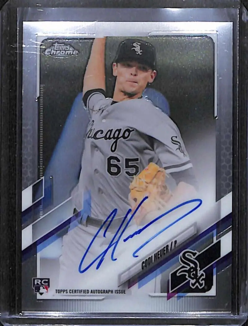 Signed Codi Heuer Topps Chrome baseball card in gray road uniform #65