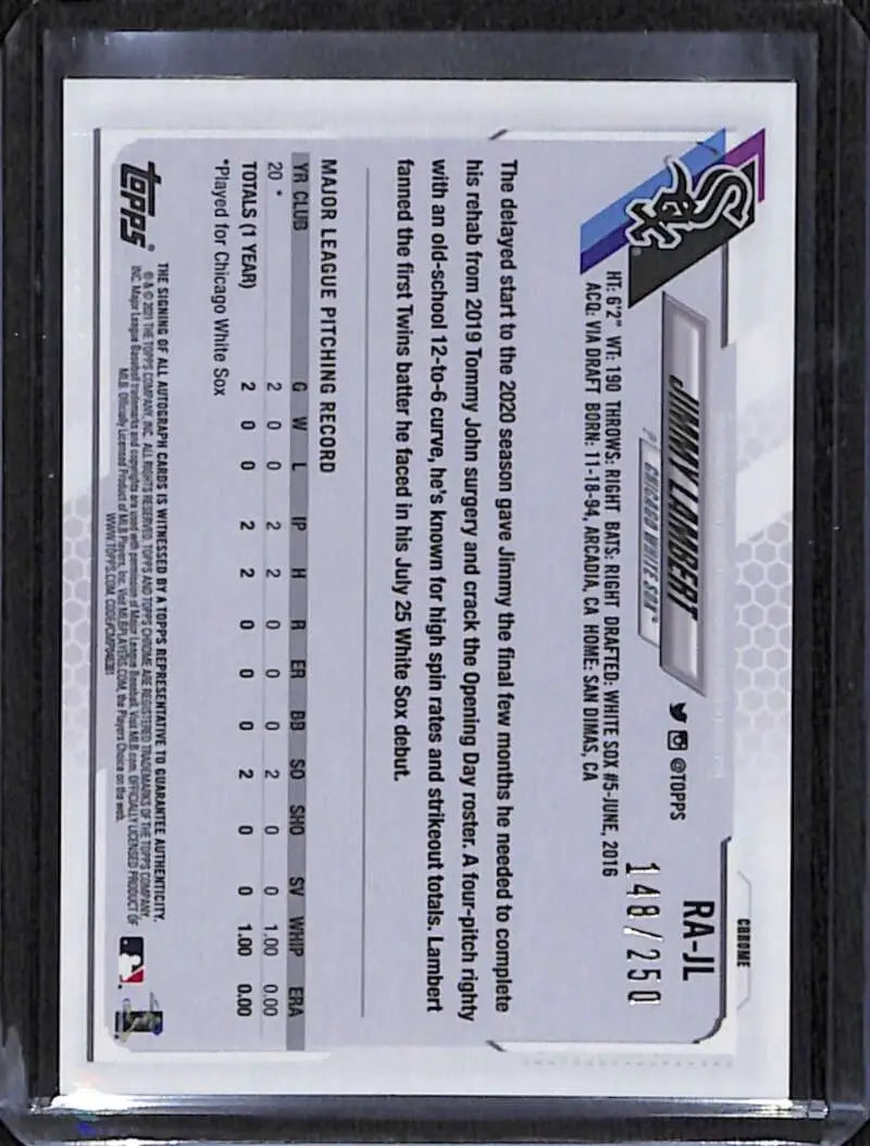Back side of 2021 Topps Chrome Jimmy Lambert Rookie Auto card showing stats and text