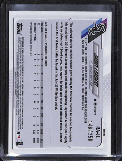 Back side of 2021 Topps Chrome Jimmy Lambert Rookie Auto card showing stats and text