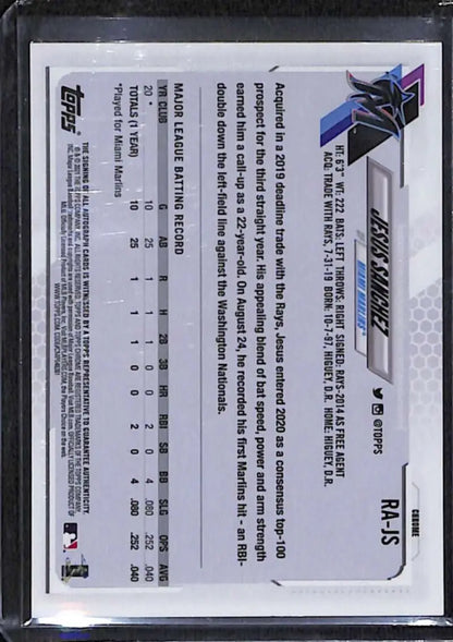 Back side of 2021 Topps Chrome Jesus Sanchez Rookie Auto baseball card with stats