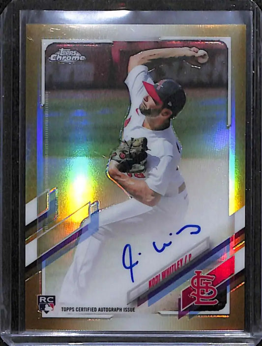 Baseball card of Kodi Whitley in mid-throw with autograph and Gold Wave Refractor detail
