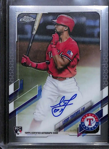 Signed Leody Taveras Topps Chrome Rookie Auto Baseball Card in red jersey and white pants