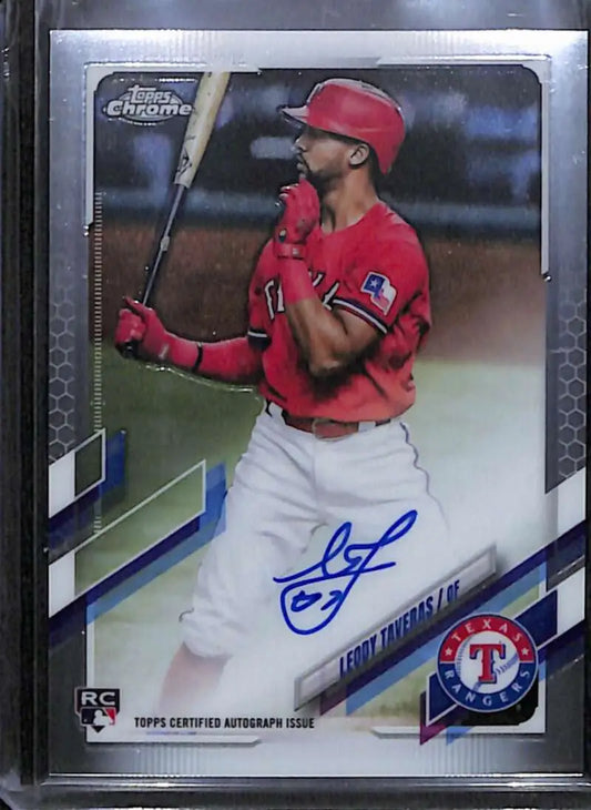 Signed Leody Taveras Topps Chrome Rookie Auto Baseball Card in red jersey and white pants