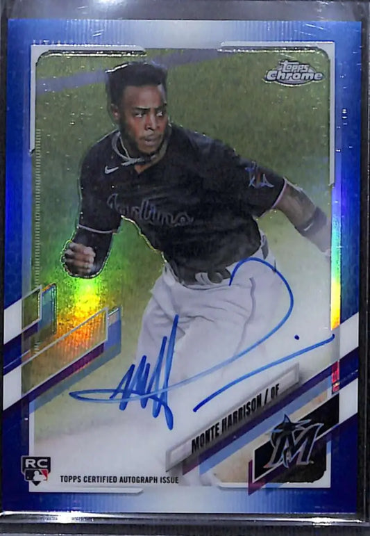 Monte Harrison Rookie Auto Blue Refractor Signed Baseball Card with Holographic Elements
