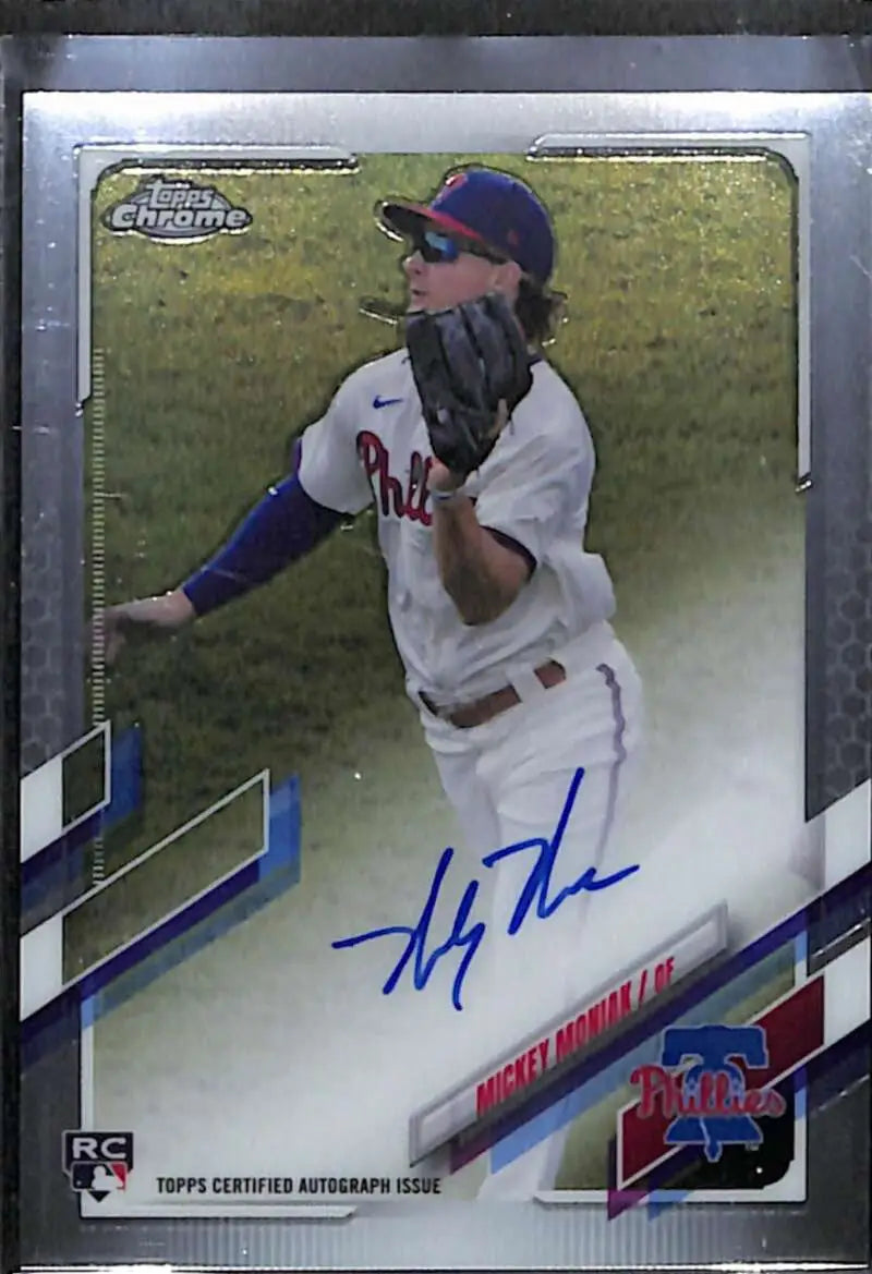 Signed 2021 Topps Chrome Mickey Moniak Rookie Auto Baseball Card featuring Phillies pitcher