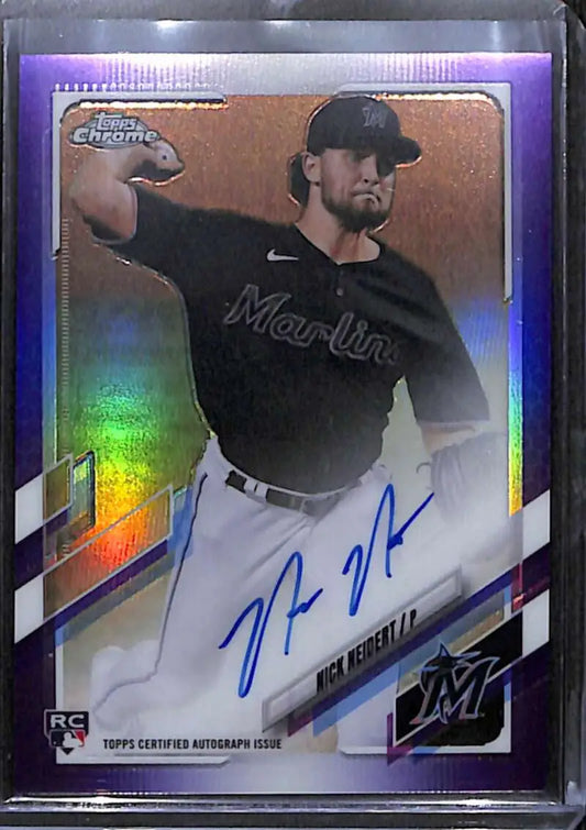 Signed 2021 Topps Chrome Nick Neidert Rookie Purple Refractor baseball card with holographic finish