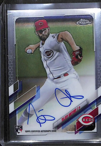Signed Tejay Antone Topps Chrome baseball card featuring pitcher in action