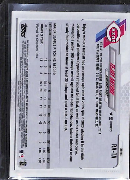 Back of 2021 Topps Chrome Tejay Antone Rookie Auto Baseball Card with statistics