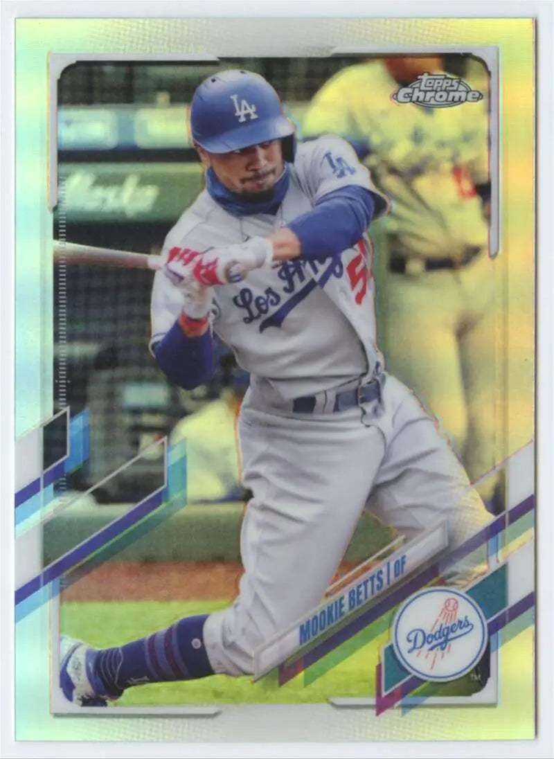 Mookie Betts swinging in Los Angeles Dodgers away uniform on Topps Chrome Refractor baseball card
