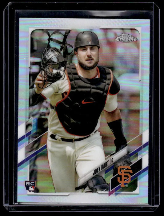 Joey Bart Topps Chrome Refractor baseball card of San Francisco Giants catcher in gear