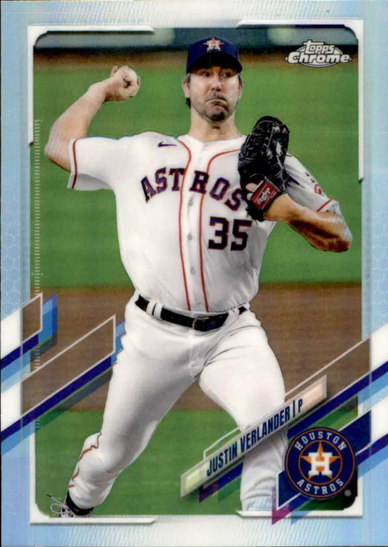 Justin Verlander in Houston Astros uniform #35 throwing a pitch on Topps Chrome Refractor card