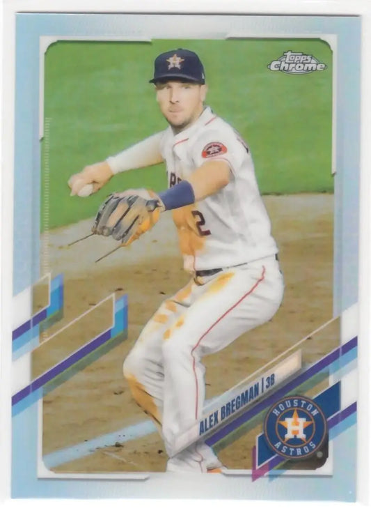 Baseball card of Alex Bregman in white uniform, Houston Astros Topps Chrome Refractor