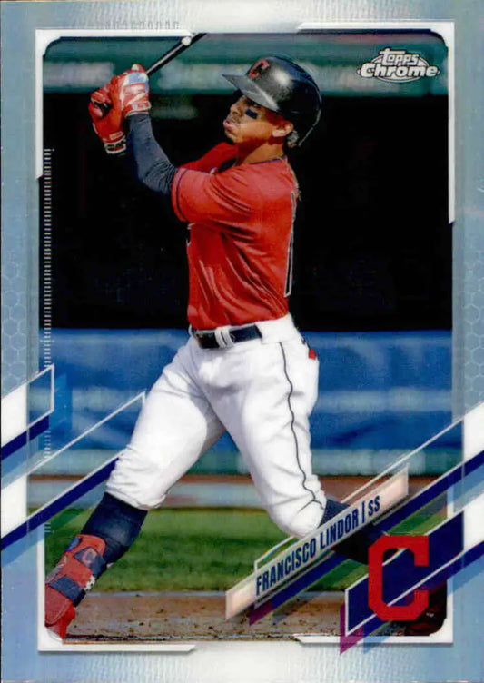 Francisco Lindor in Cleveland Indians uniform swinging bat on 2021 Topps Chrome baseball card