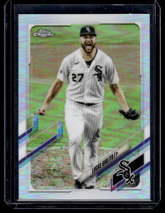 Baseball card of Lucas Giolito in White Sox pinstripes, Topps Chrome Refractor