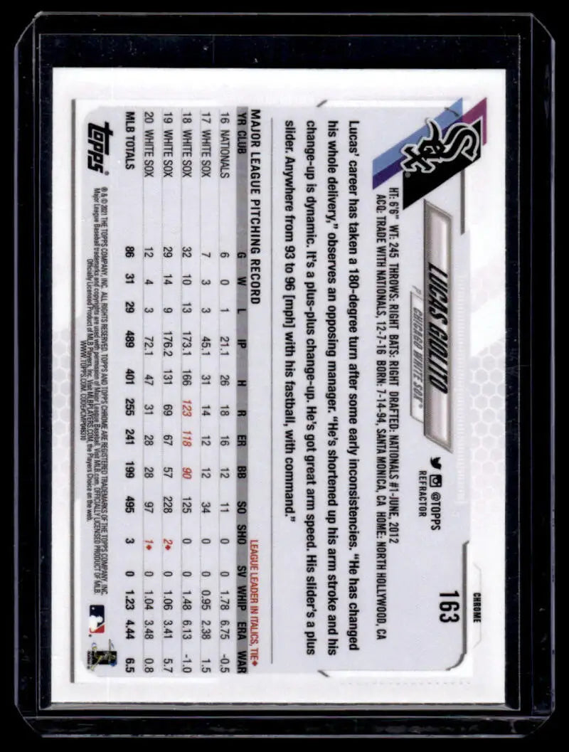 Back of 2021 Topps Chrome Refractor #163 Lucas Giolito White Sox Baseball Card statistics