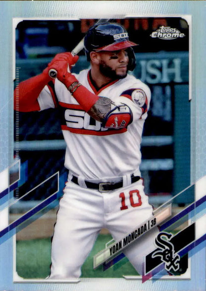 Chicago White Sox player Yoan Moncada swinging a bat on a Chrome Refractor baseball card