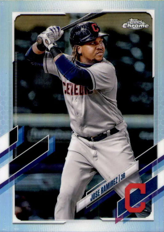 Jose Ramirez in gray road uniform at bat on 2021 Topps Chrome Cleveland Indians baseball card