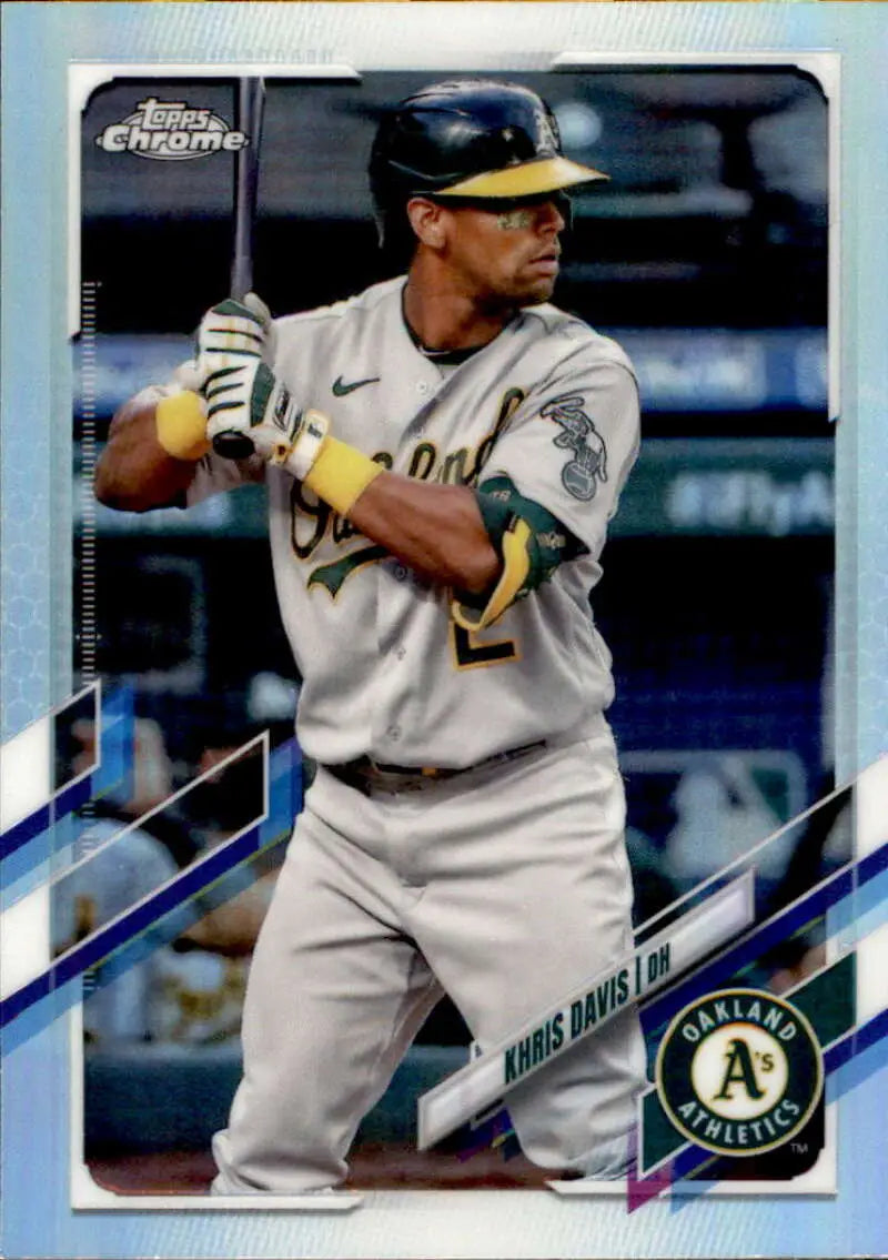 Khris Davis in gray road uniform at bat on 2021 Topps Chrome Refractor Oakland Athletics card
