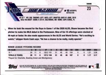 Baseball card of Shane McClanahan with stats for Tampa Bay Rays rookie season