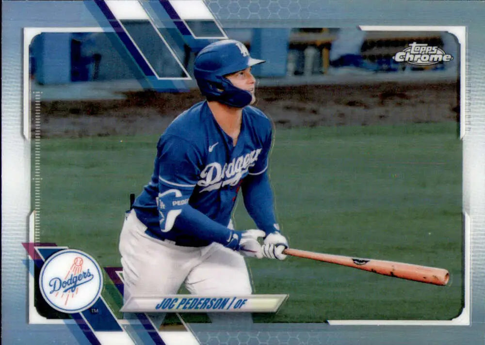 Joc Pederson swinging bat in Los Angeles Dodgers uniform on Topps Chrome Refractor baseball card
