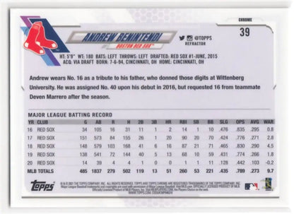 Baseball card displaying Andrew Benintendi stats for Boston Red Sox collectors