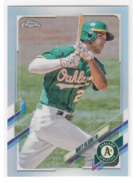 Matt Olson batting in green uniform on 2021 Topps Chrome Oakland Athletics card