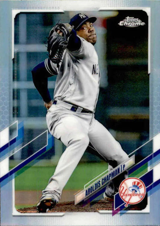 Aroldis Chapman pitching in a New York Yankees uniform on a Topps Chrome Refractor card