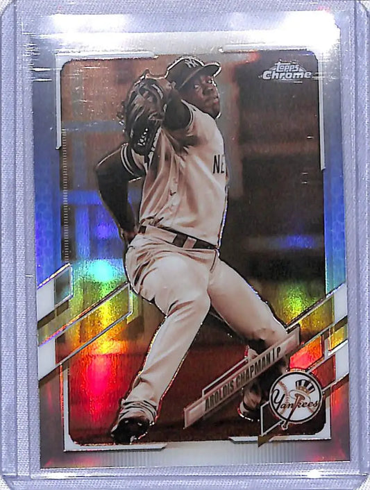 Chrome finish baseball card of Aroldis Chapman in mid-pitching motion, Topps Chrome Refractor